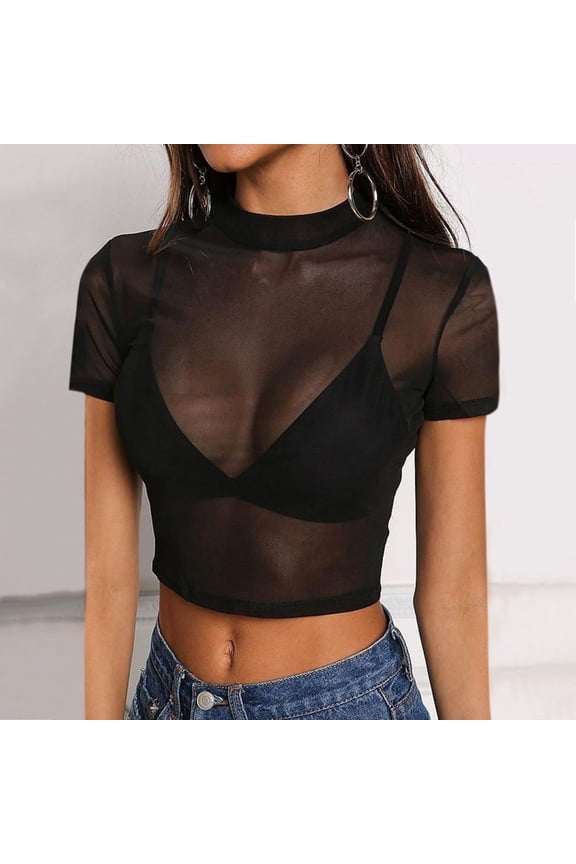 Womens T Shirts, Sheer Mesh See-Through Short Sleeve Tee Blouse Clubwear Tops for Women Black XXL