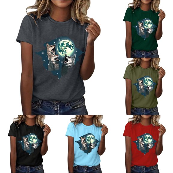 Tanghaowl Womens T Shirts, Wolf Animal Print Short Sleeve Tee for Women Men Unisex Casual Shirts Grey XXL