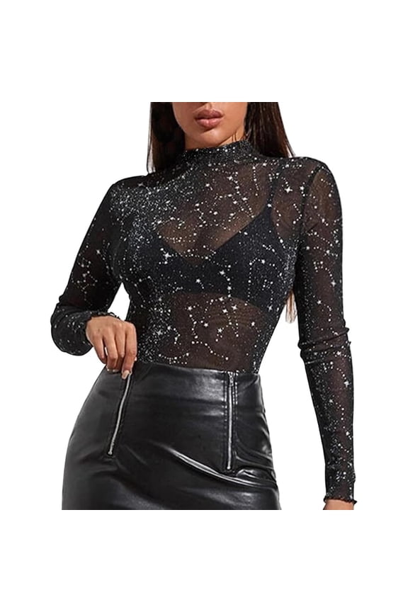 Womens T Shirts, Women Glitter Mesh Tops Transparent Long Sleeve Blouse Sheer Evening Shirt Night Out Tee Black L