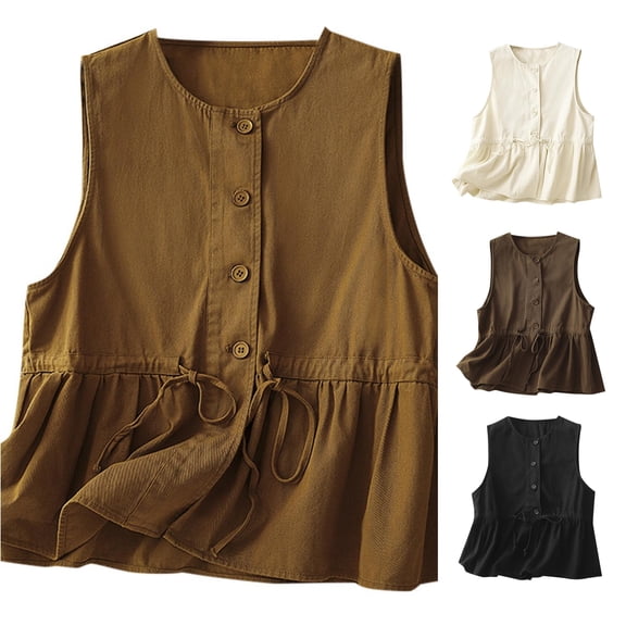 Tanghaowl Womens T Shirts, Women's Loose Fitting And Age Reducing Round Neck Ruffled Edge Design Sense Vest Jacket Top Khaki XL
