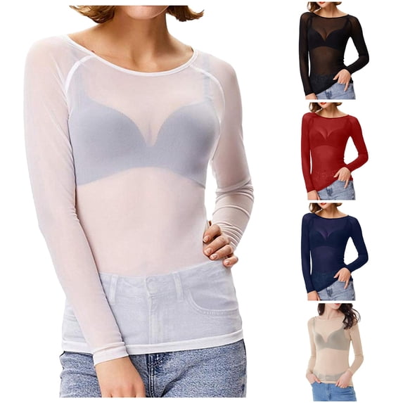 Tanghaowl Womens T Shirts, Women's See Through Long Sleeve Seamless Mesh Blouse Top Arm Shirt White M