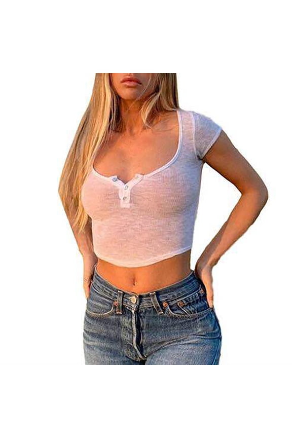 Womens T Shirts, Women's Wrapped Chest Thin Short Sleeved Low Cut Large Neckline Bottom Tube Top White M
