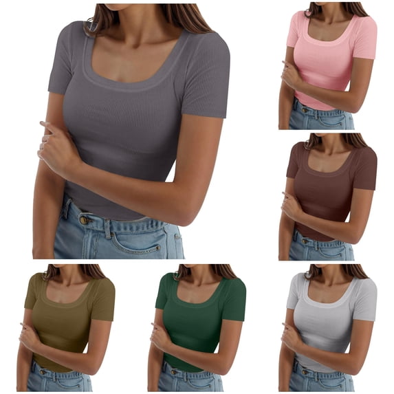 Tanghaowl Womens T Shirts, Womens Summer Short Sleeve Square Neck Ribbed Slim Fitted Casual Tshirt Tops Tee Grey M