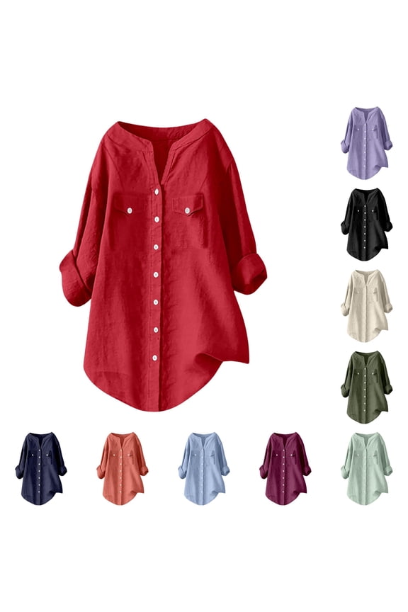 Womens Tops Casual, Casual Long Sleeve Button Down Shirt Solid Open Front Cardigan Blouse For Everyday Wear Red XL