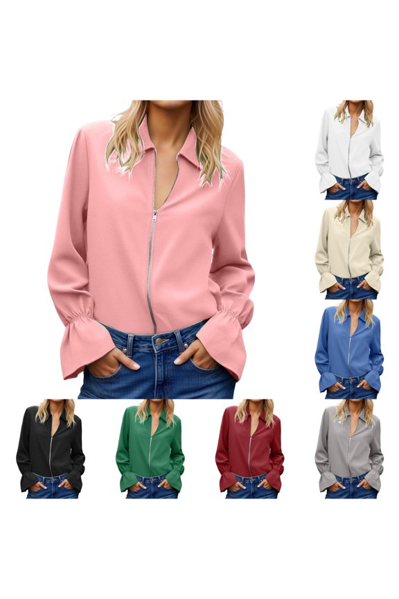 Womens Tops Casual, Elegant Ruffle Zip Front Blouse With Lapel Collar Long Sleeve Casual For Daily Wear Pink L