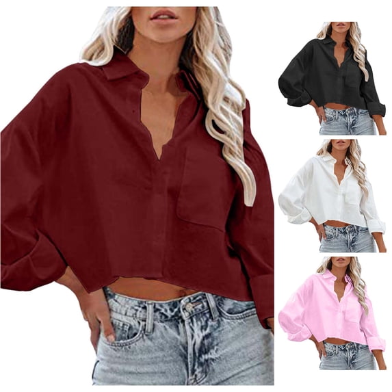 Tanghaowl Womens Tops Casual, Long Sleeve Crop Button Up Blouse Versatile Business Casual Top For Women Wine XXXL