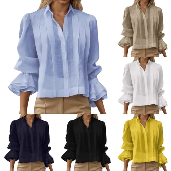 Tanghaowl Womens Tops Casual, Summer Casual Loose Fit Pleated Solid Blouse Top for Women Wear Blue S