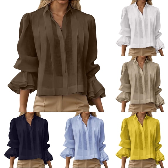 Tanghaowl Womens Tops Casual, Summer Casual Loose Fit Pleated Solid Blouse Top for Women Wear Coffee M