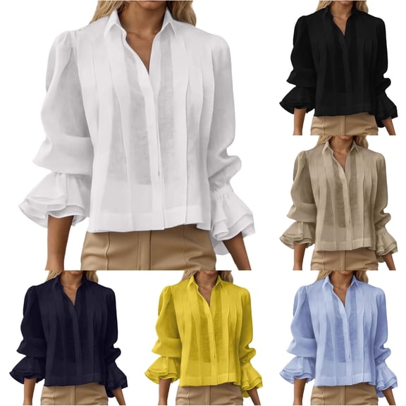 Tanghaowl Womens Tops Casual, Summer Casual Loose Fit Pleated Solid Blouse Top for Women Wear White S
