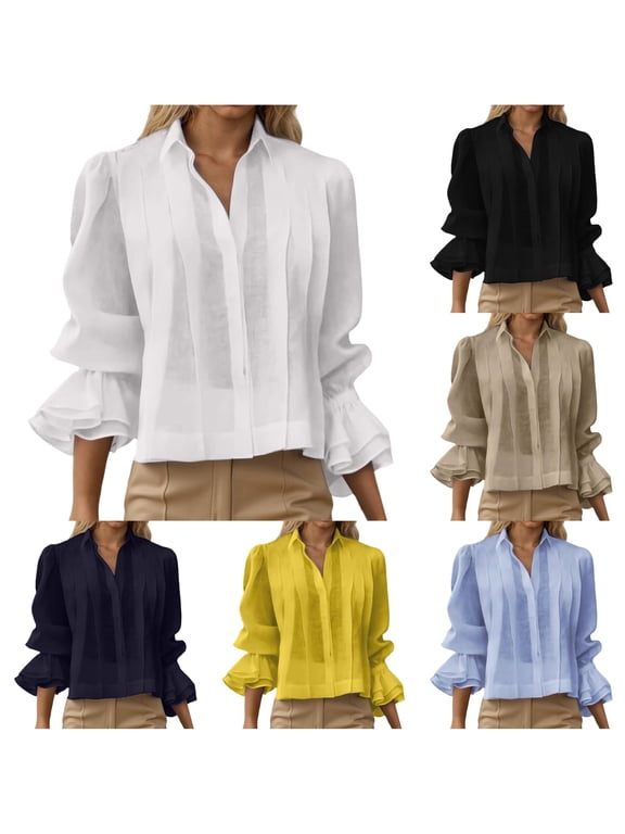 Womens Tops Casual, Summer Casual Loose Fit Pleated Solid Blouse Top for Women Wear White S