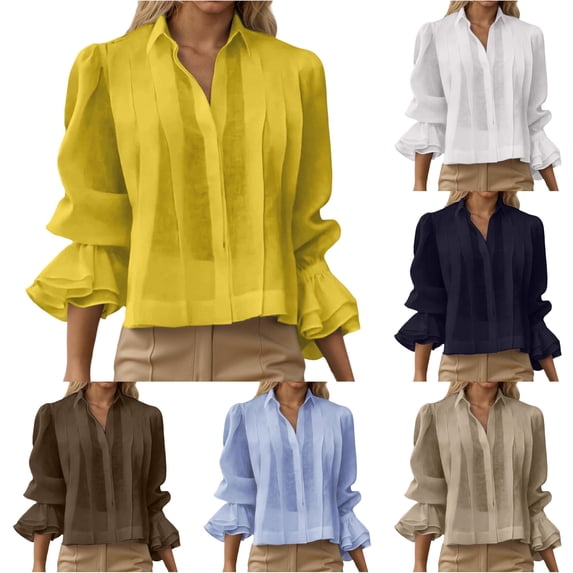 Tanghaowl Womens Tops Casual, Summer Casual Loose Fit Pleated Solid Blouse Top for Women Wear Yellow XXXL