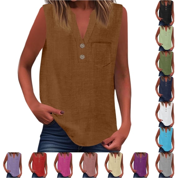 Tanghaowl Womens Tops Casual, Women Casual Sleeveless Button Up Blouse Summer Solid Color Tunic Shirt Pairing Jeans Versatile Wear Brown L