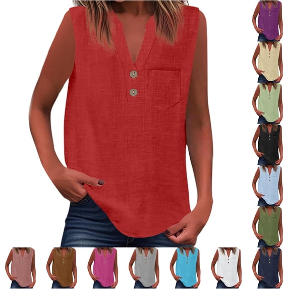 Tanghaowl Womens Tops Casual, Women Casual Sleeveless Button Up Blouse Summer Solid Color Tunic Shirt Pairing Jeans Versatile Wear RD1 S