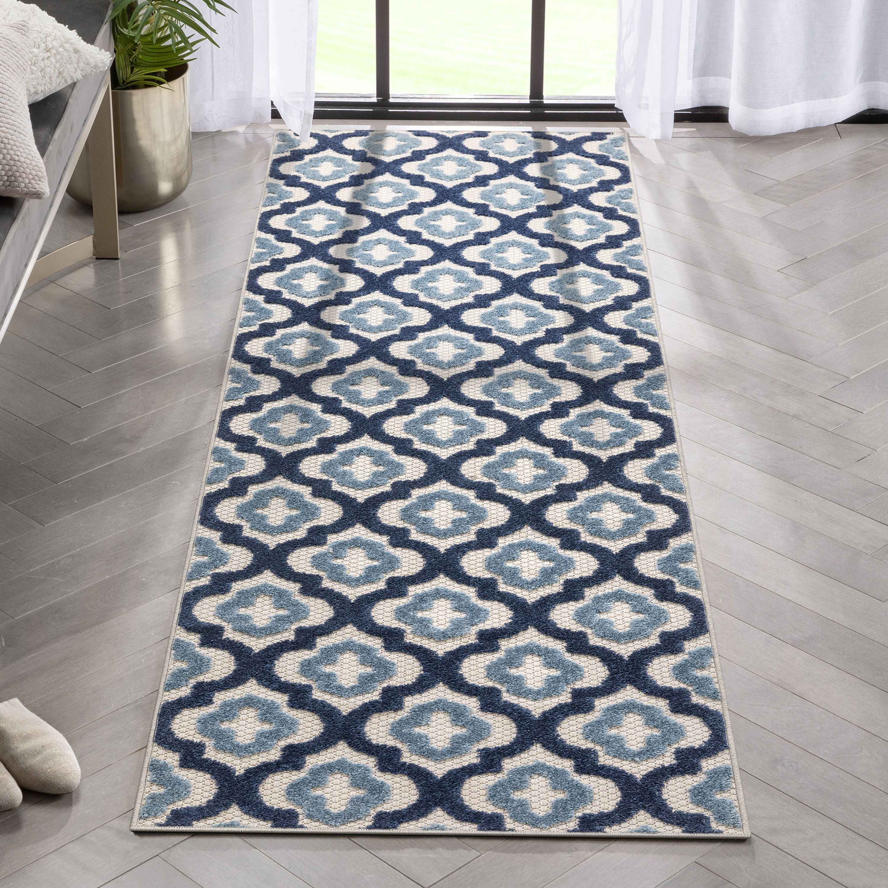 Tangier Blue Indoor/Outdoor Moroccan Trellis Area Rug High Traffic
