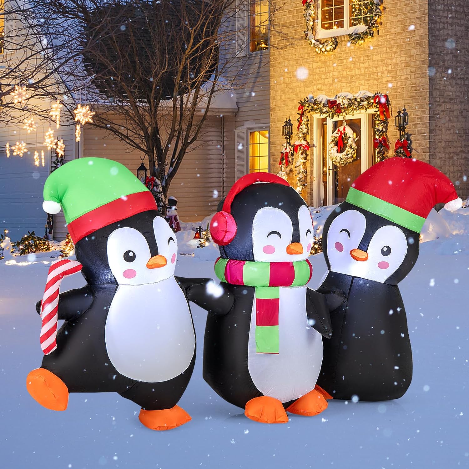 8ft Christmas Inflatable Snowman & Penguins With LED Lights - Outdoor Yard Decoration