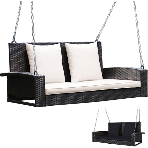 Tangkula 2-Person Wicker Porch Swing In Brown With Comfortable Cushions