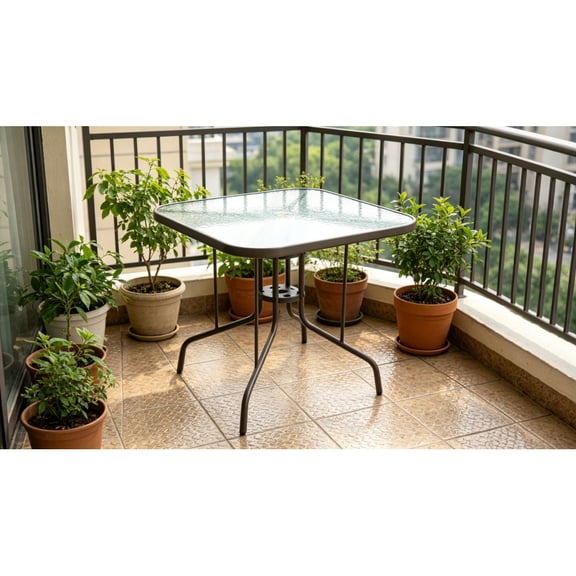 Tangkula 35 Inch Square Patio Dining Table Tempered Glass Top 4-Seat Outdoor Bistro Table with 1.5" Umbrella Hole Weatherproof Brown Steel Frame for Backyard Deck Poolside