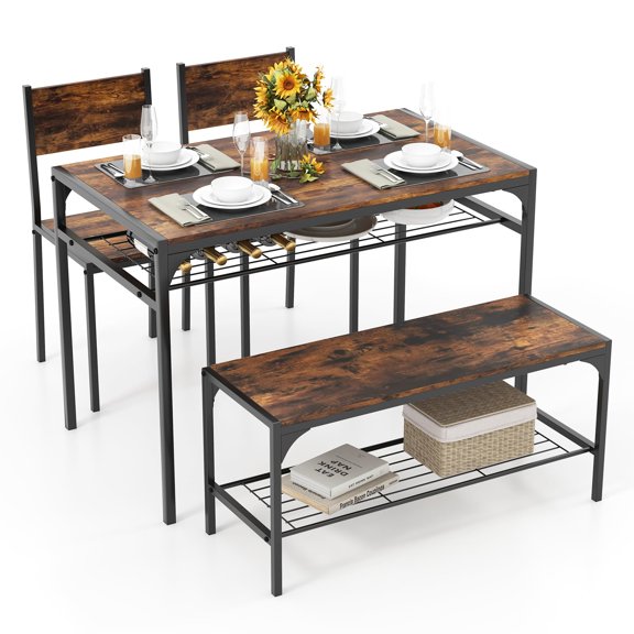 Tangkula 4 Piece Dining Table Set with Bench, Rustic Brown Kitchen Table