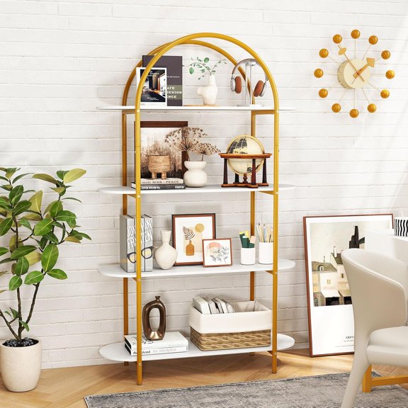 Tangkula 4 Tier Arched Bookshelf, 61.5” Tall Storage Bookcase with Open Display Shelves & Metal Frame, Industrial Modern Freestanding Storage Rack for Bedroom, Living Room, Office (1, White)