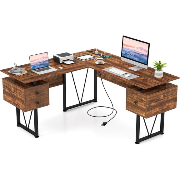 Tangkula 59" L-Shaped Office Desk with 3 Drawers & Charging Station, Corner Computer Desk with Sturdy Metal Frame, Industrial Home Office Computer Workstation for Working Studying (Rustic Brown)