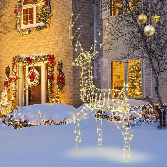 Tangkula 6 FT Lighted Christmas Reindeer, 3D Buck Xmas Decoration with 300 Warm White LED Lights, Outdoor/Indoor Lighted Standing Male Deer with Zip Ties & Ground Stakes for Garden, Yard & Lawn