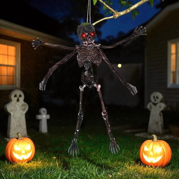 Tangkula 6Ft Halloween Animatronics Decoration with Glowing Red Eyes, Creepy 4-Armed Scary Skeleton for Outdoor Yard, Haunted House & Halloween Party Decor