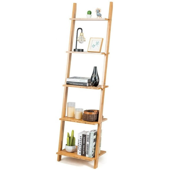 Tangkula Bamboo 5-Tier Ladder Shelf Bookshelf, Wall-Leaning Bookshelf, Plant Flower Stand, Storage Display Shelves for Living Room Bathroom Office, Multifunctional Ladder Bookcase (Natural)