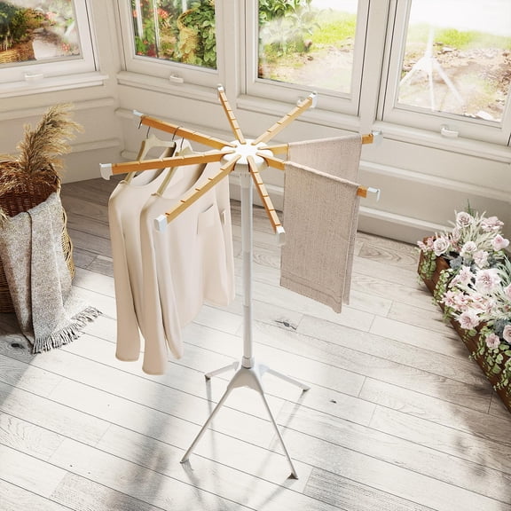Tangkula Clothes Drying Rack, Foldable Laundry Drying Rack with 8 Bamboo Hanging Rods, 4-Legged Design, Space-Saving Floor Standing Octopus Airer for Balcony Bedroom Household