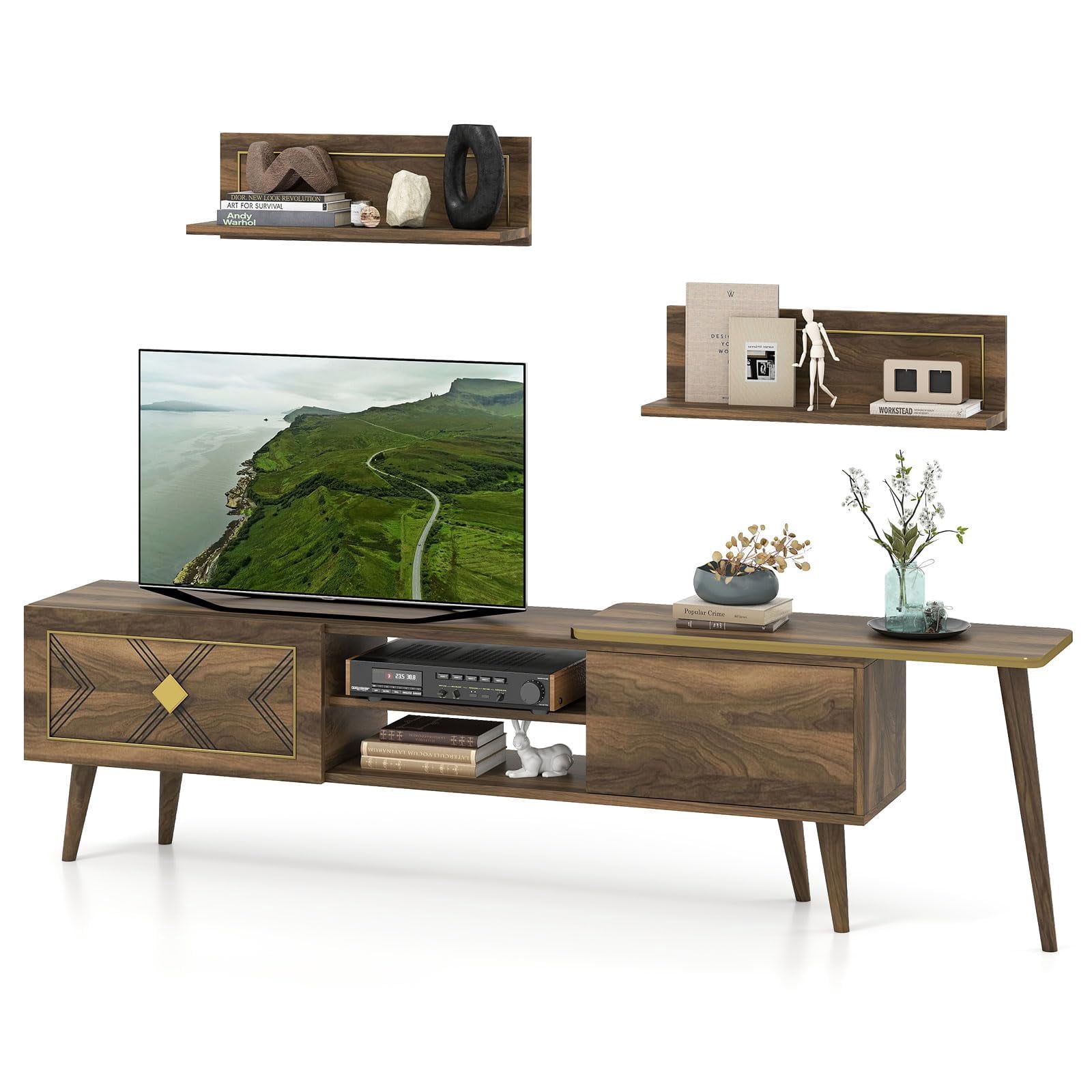 Tangkula 55" Corner TV Stand For TVs Up To 65" - With Charging Station (USB/AC) & Storage Shelves, Rustic Brown