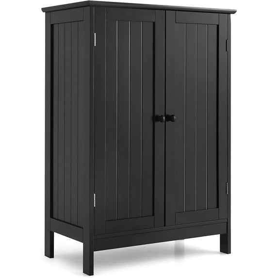 Tangkula Freestanding Storage Cabinet with Double Doors and Shelf, Modern Home Furniture, Wooden Home Organizer for Living Room, Bathroom Storage Cabinet (Black)