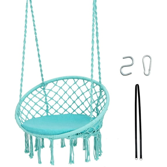 Tangkula Hammock Chair with Cushion, Bohemian Style Macrame Swing Chair with Hanging Hardware Kit & Strap, Indoor Outdoor Hanging Rope Swing for Bedroom, Indoor, Outdoor (Turquoise)