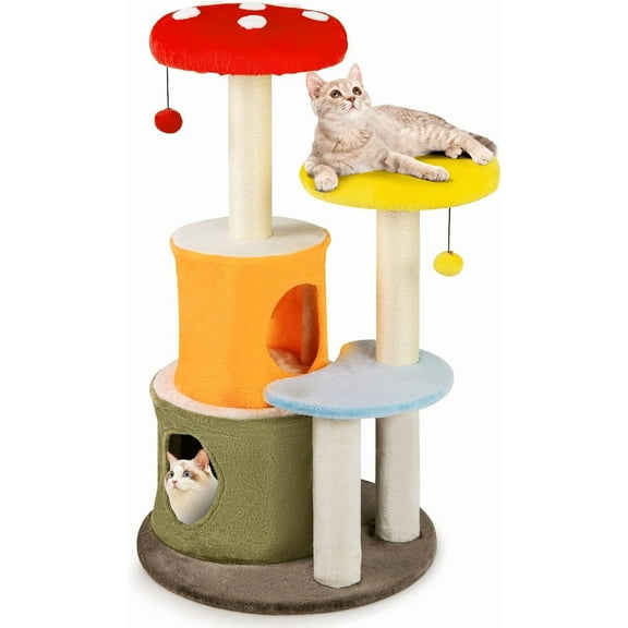 Tangkula Mushroom Cat Tree, 43 Inch Cute Cat Tower with Sisal Scratching Posts, Dual Cozy Condos, Padded Platforms, 2 Pompom Dangling Balls, Multi-Level Modern Cat Tree Tower for Indoor Cats
