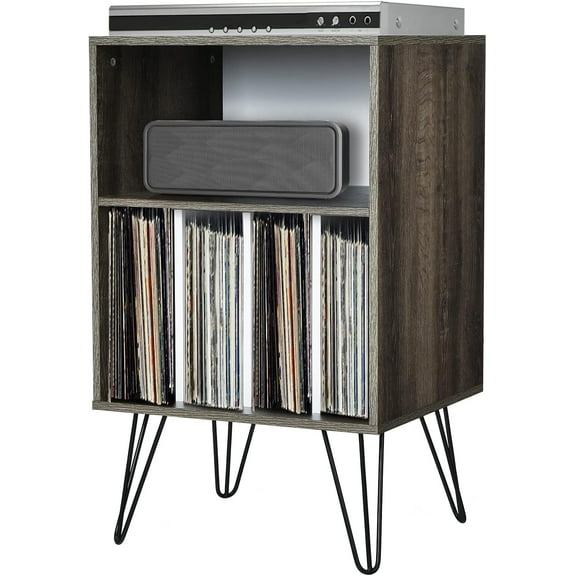 Tangkula Record Player Stand, Turntable Stand with Metal Legs, Vinyl Record Storage Cabinet w/ 5 Open Shelves Holds up to 150 Albums for Living Room Bedroom, Vintage End Table, 21 x 18 x34 in (Grey)
