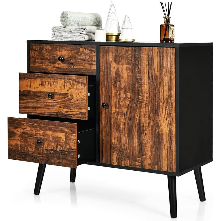 Tangkula Retro Storage Cabinet Wood Floor Cabinet with 3 Drawers and 1 Cabinet w Adjustable Shelf Accent Cabinet for Living Room Entryway Home