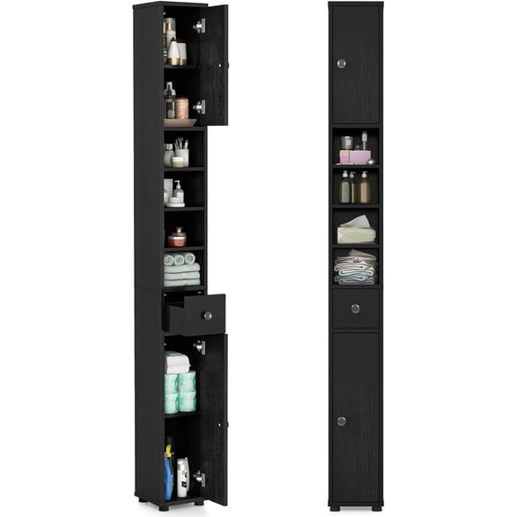 Tangkula Tall Slim Bathroom Storage Cabinet, 71" Freestanding Bathroom Cabinet w/ 2 Doors, 1 Drawer & 5 Adjustable Shelves, Floor Narrow Tower Cabinet for Small Spaces, 8" x 8" x 71" (Brown)