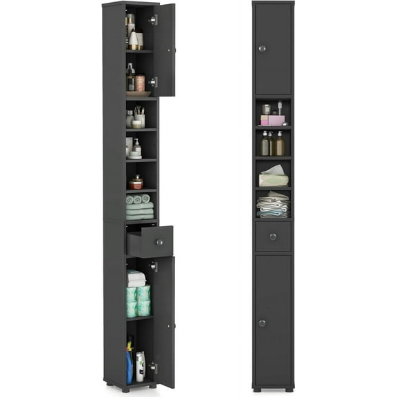 Tangkula Tall Slim Bathroom Storage Cabinet, 71" Freestanding Bathroom Cabinet w/ 2 Doors, 1 Drawer & 5 Adjustable Shelves, Floor Narrow Tower Cabinet for Small Spaces, 8" x 8" x 71" (Grey)