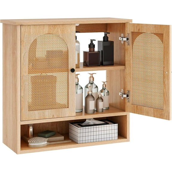 Tangkula Wall-Mounted - Cabinet, with 2 Faux Rattan Doors & Adjustable Shelves, Open-Back Bathroom Cabinet Over The Toilet, Boho Hanging Storage Cupboard for Laundry Kitchen (No Back, Natural)