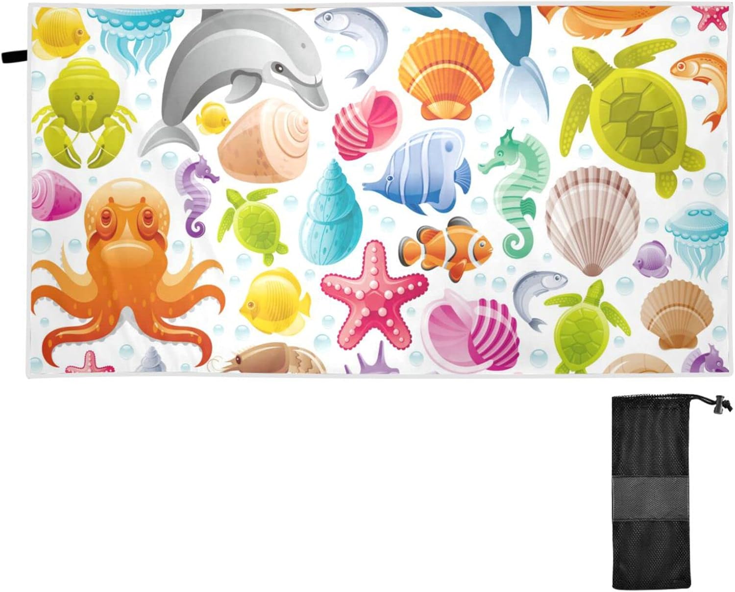 Tangkunup Quick Dry Beach Towel Large, 30" x 60", Sea Animals Packable