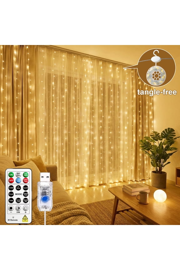 Tangle-Free 300 LED Curtain Fairy Lights, 9.8ft x 9.8ft DIY Timer Hanging Window String Lights, 8 Modes USB Twinkle Lights for Wall Decor, Warm White