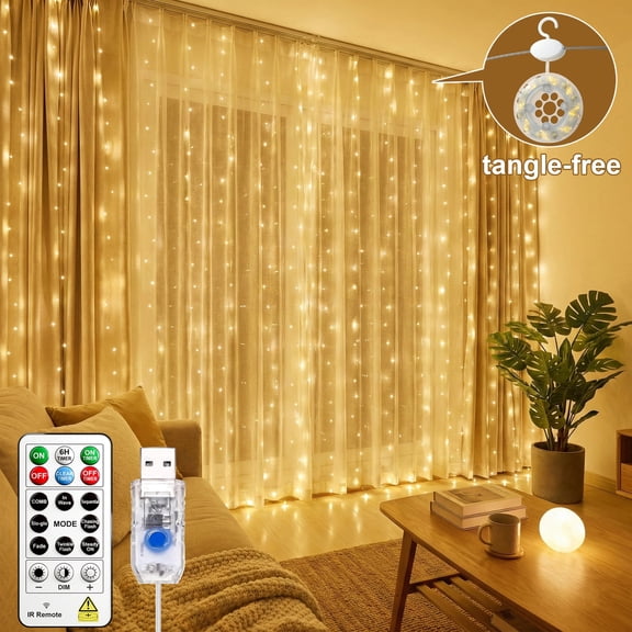 Tangle-Free 300 LED Curtain Fairy Lights, 9.8ft x 9.8ft DIY Timer Hanging Window String Lights, 8 Modes USB Twinkle Lights for Wall Decor, Warm White