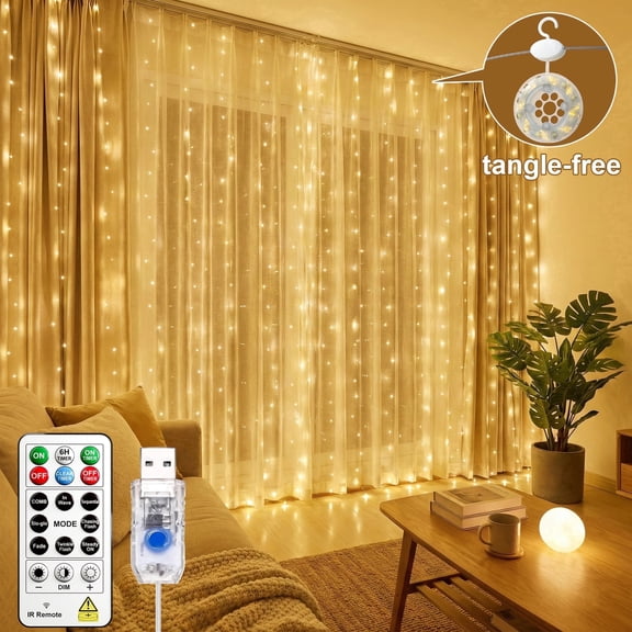 HXWEIYE 300LED Untangled Curtain Lights, 9.8x9.8Ft USB Fairy Twinkle String Lights with Remote and DIY Timer, 8 Modes Window Wall Hanging Light for Bedroom Dorm Backdrop Room Decor, Warm White