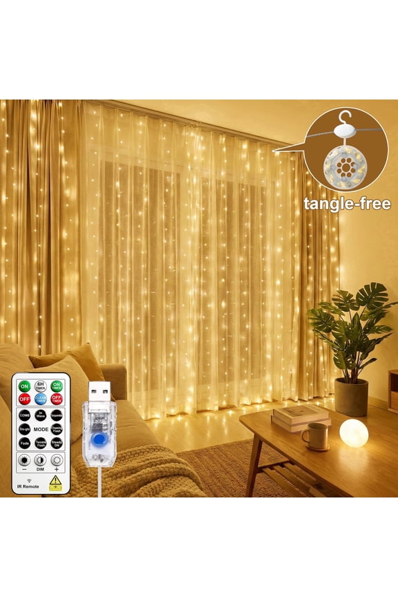 300LED Untangled Curtain Lights, 9.8x9.8Ft USB Fairy Twinkle String Lights with Remote and DIY Timer, 8 Modes Window Wall Hanging Light for Bedroom Dorm Backdrop Room Decor, Warm White