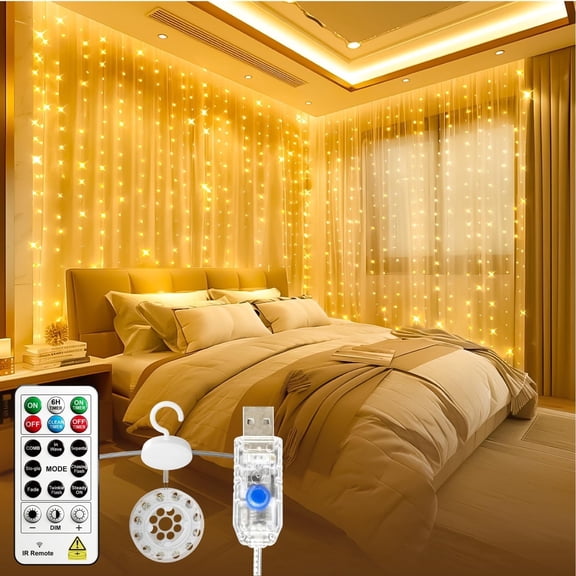 SINAMER Curtain Lights Indoor, 9.8ft x 9.8ft 300LED Tangle-Free Curtain Fairy Light with Remote & DIY Timer, USB Plug in 8 Modes Hanging Twinkle String Lights for Bedroom Christmas Party, Warm White