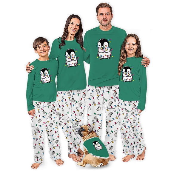 Tangled In Christmas Lights Penguin Matching Family Pajamas, Family And Dog Holiday PJs, Plus Sizes, With Pockets