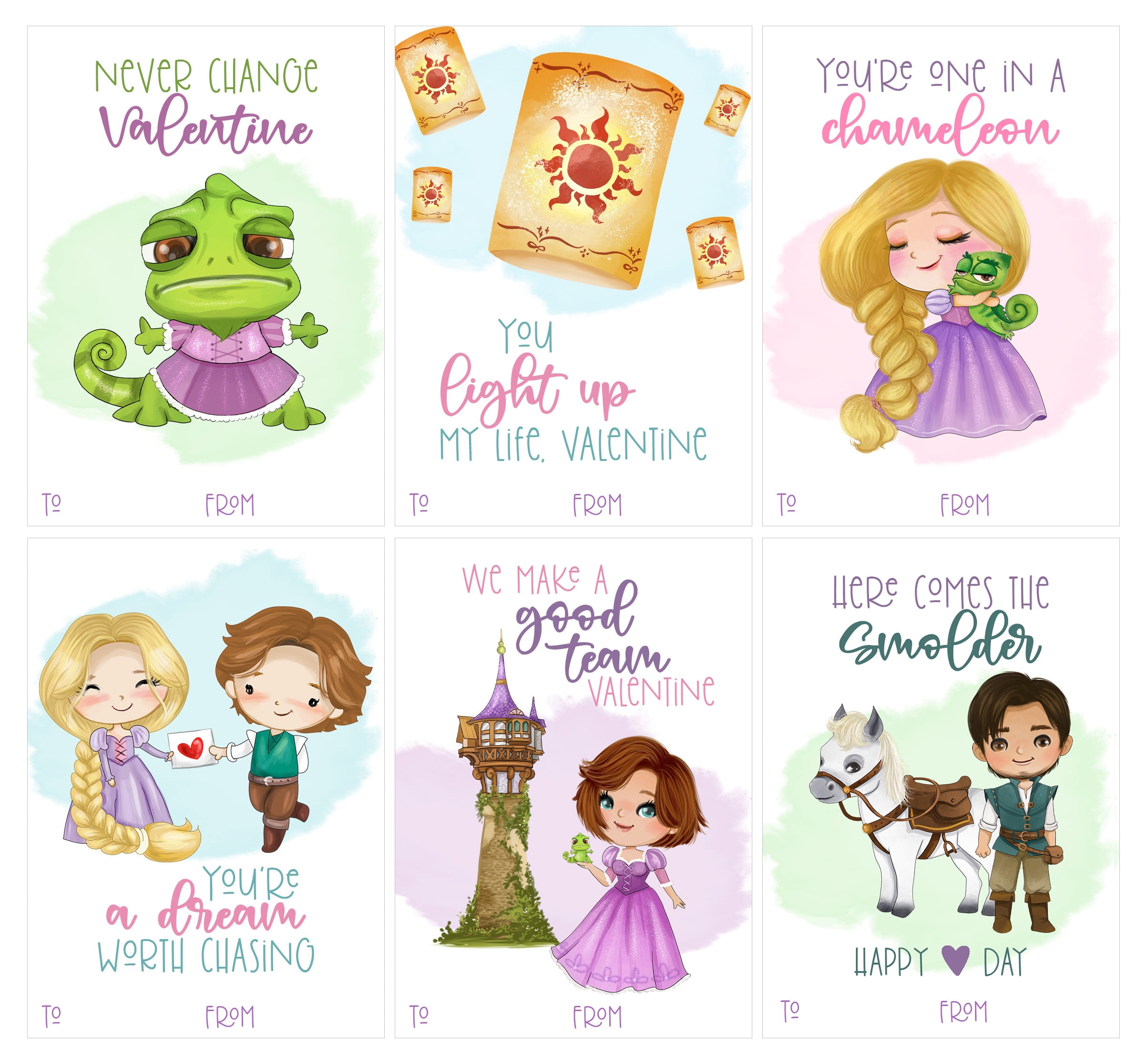 Tangled Princess Movie Themed Valentines Day Card for Kids School Classroom Exchange (Set of 24) Sharing