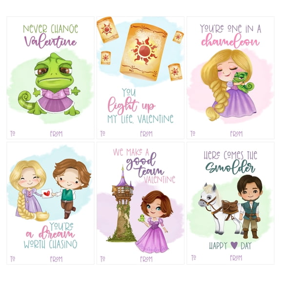 Tangled Princess Movie Themed Valentines Day Card for Kids School Classroom Exchange (Set of 24) Sharing