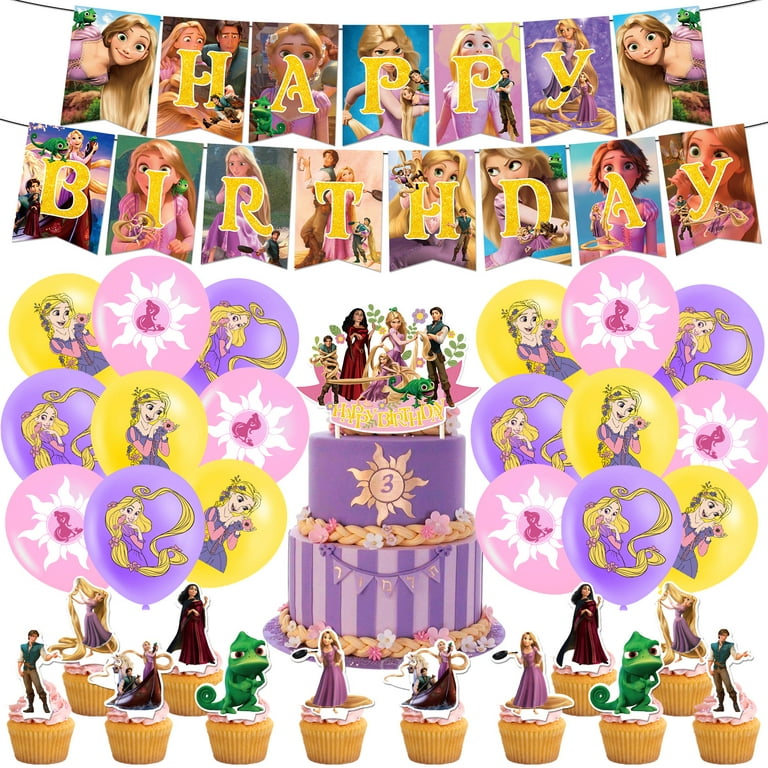 Tangled Rapunzel Princess Themed Birthday Party Decorations Party Supplies  Include Banner/Triangle Flag/Honeycomb Ball/Cake Topper/Cupcake  Topper&Wrappers/Balloons/Hanging Swirls/Round String 