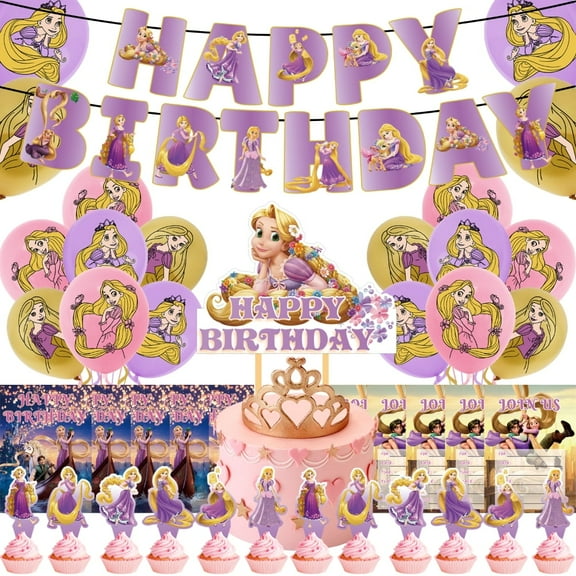 Tangled Theme Cartoon style Birthday Decoration KitsParty Supplies Including Banner, Balloons, Cake Toppers, Cupcake ToppersInvitation Cards.