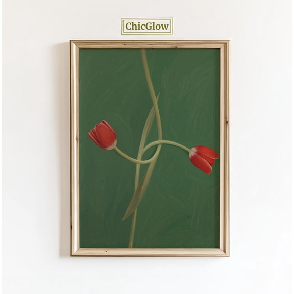 Tangled Tulips – Minimalist Botanical Wall Art, Moody Green Floral Poster, Unframed Poster Size 24x36