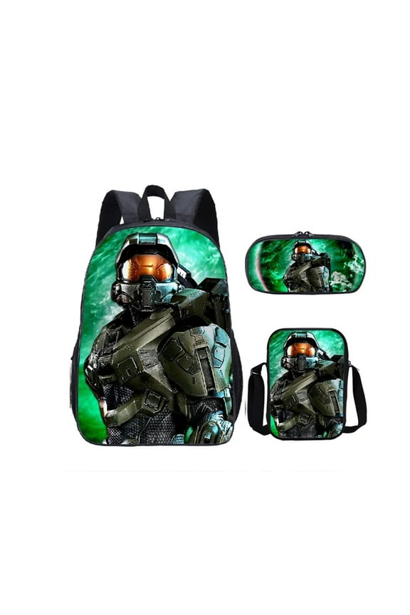 Halo Game Print Backpack Multi-functional 3-in-1 Schoolbag Set,Laptop Backpack,Single-shoulder Bag,Back to School Backpack Schoolbag Set for Students and Fans